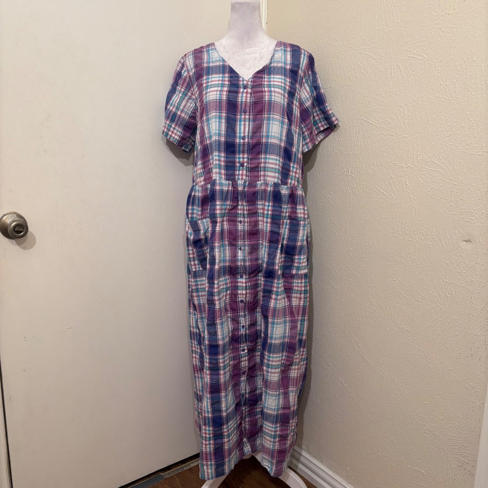 Only Necessities House Dress Purple Plaid Snap Button Cotton Maxi Muu Muu 14/16